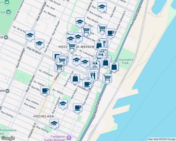 map of restaurants, bars, coffee shops, grocery stores, and more near 4138 Rue Adam in Montréal