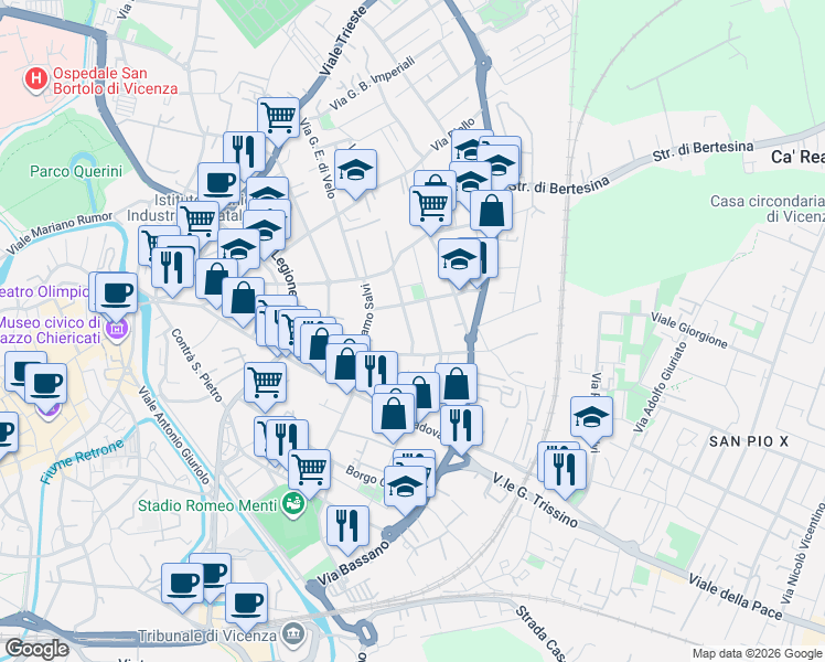 map of restaurants, bars, coffee shops, grocery stores, and more near 15 Via Giuseppe Capparozzo in Vicenza