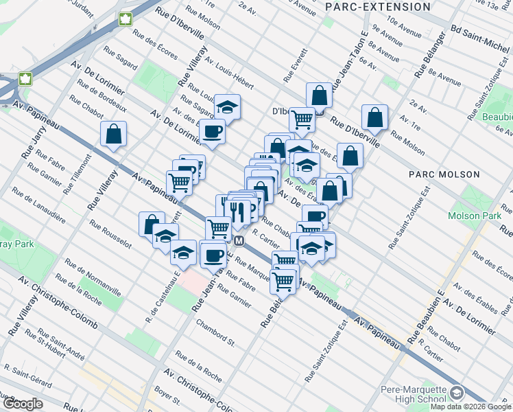 map of restaurants, bars, coffee shops, grocery stores, and more near 1973 Rue Jean-Talon Est in Montréal