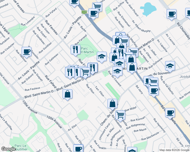 map of restaurants, bars, coffee shops, grocery stores, and more near 4144 Boulevard Saint-Martin Ouest in Laval