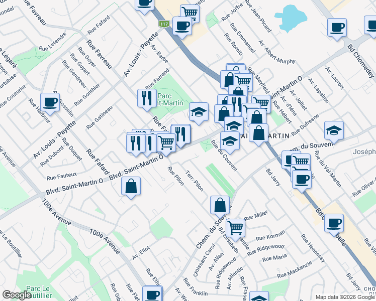 map of restaurants, bars, coffee shops, grocery stores, and more near 4144 Boulevard Saint-Martin Ouest in Laval