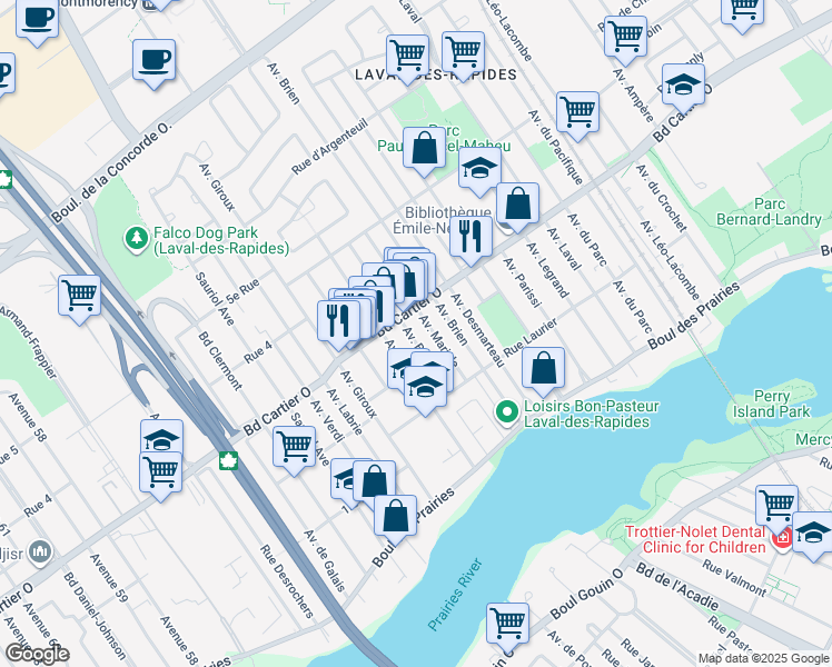 map of restaurants, bars, coffee shops, grocery stores, and more near 101 Avenue Breton in Laval