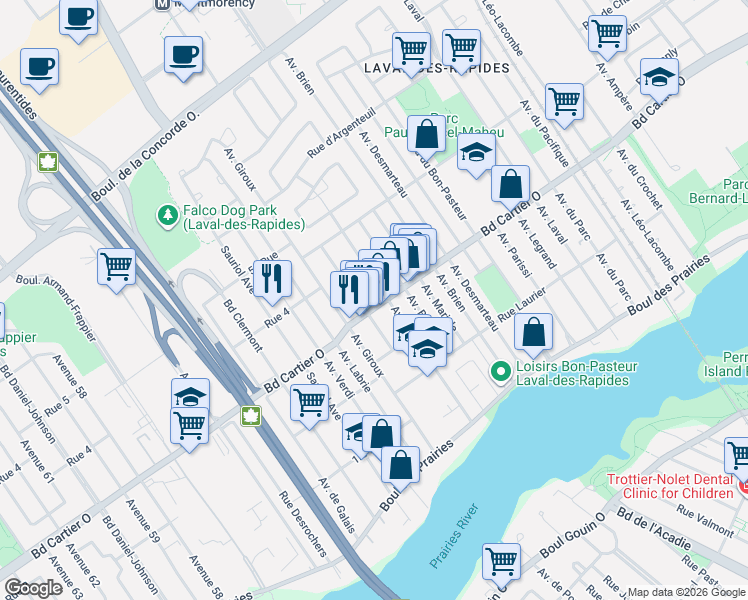 map of restaurants, bars, coffee shops, grocery stores, and more near 407 Boulevard Cartier Ouest in Laval