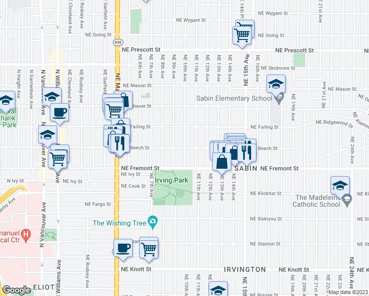 map of restaurants, bars, coffee shops, grocery stores, and more near Northeast Beech Street & Northeast 10th Avenue in Portland