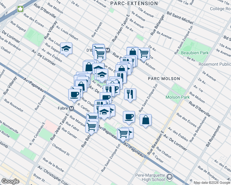 map of restaurants, bars, coffee shops, grocery stores, and more near 2221 Rue Bélanger in Montreal