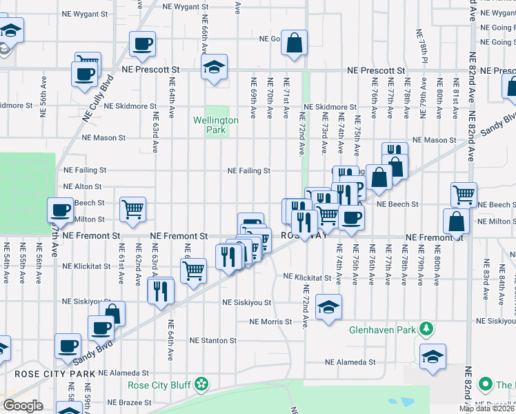 map of restaurants, bars, coffee shops, grocery stores, and more near 3640 Northeast 69th Avenue in Portland