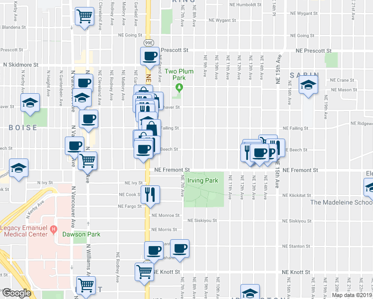 map of restaurants, bars, coffee shops, grocery stores, and more near 717 Northeast Beech Street in Portland