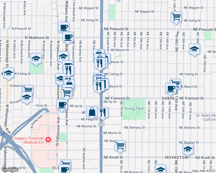 map of restaurants, bars, coffee shops, grocery stores, and more near NE Beech St & NE Grand Ave in Portland