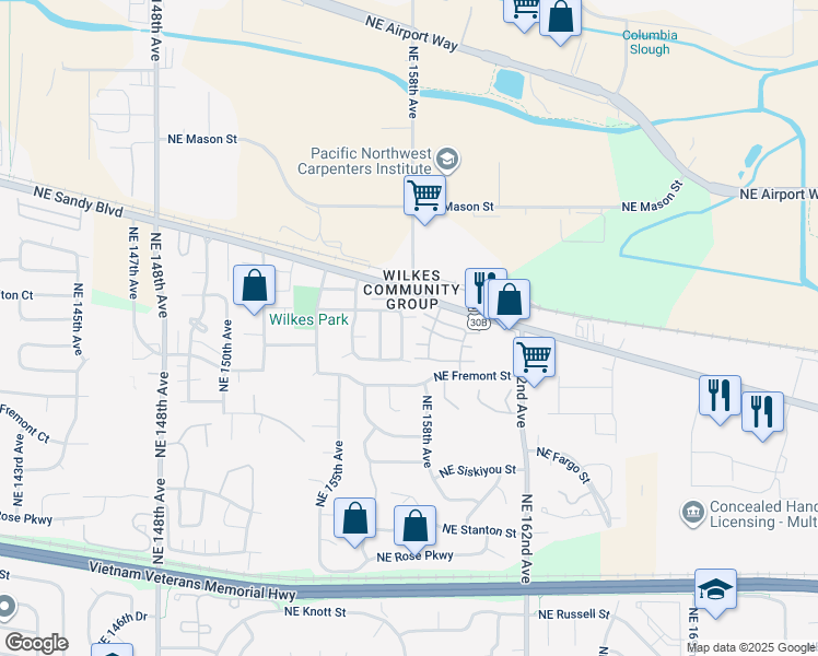 map of restaurants, bars, coffee shops, grocery stores, and more near 3602 Northeast 158th Avenue in Portland