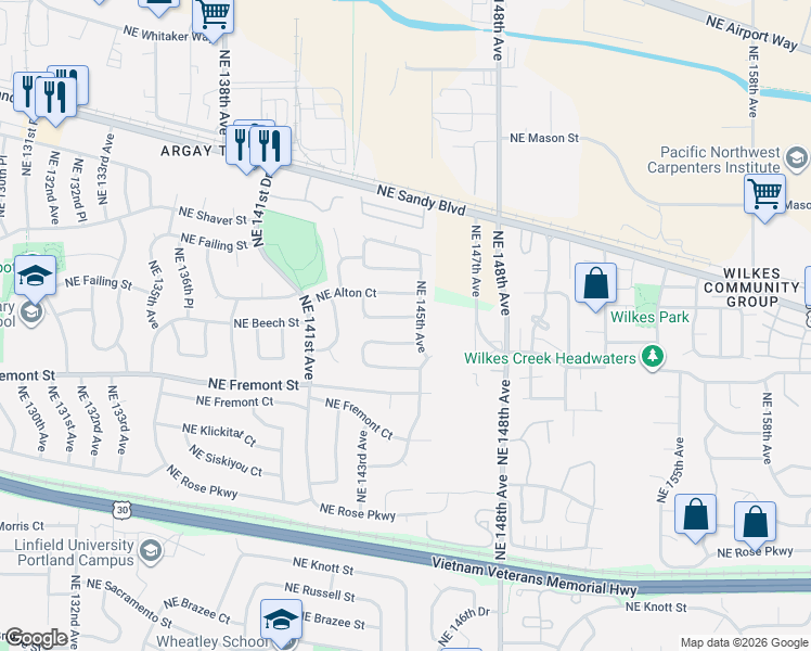 map of restaurants, bars, coffee shops, grocery stores, and more near 14411 Northeast Beech Street in Portland