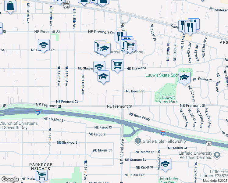 map of restaurants, bars, coffee shops, grocery stores, and more near 3571-3573 Northeast 122nd Avenue in Portland