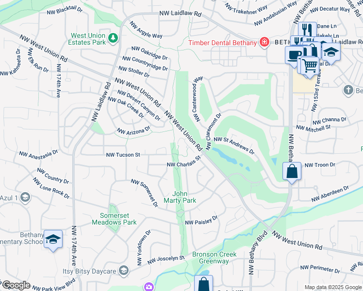 map of restaurants, bars, coffee shops, grocery stores, and more near 16525 Northwest Talkingstick Way in Beaverton