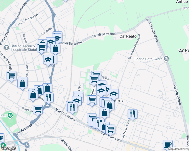 map of restaurants, bars, coffee shops, grocery stores, and more near 67 Via Adolfo Giuriato in Vicenza