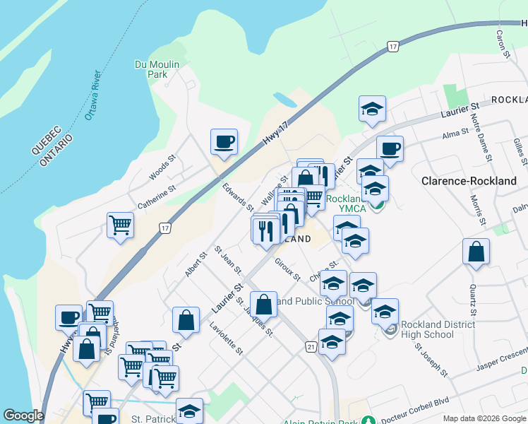 map of restaurants, bars, coffee shops, grocery stores, and more near 603 Edwards Street in Clarence-Rockland