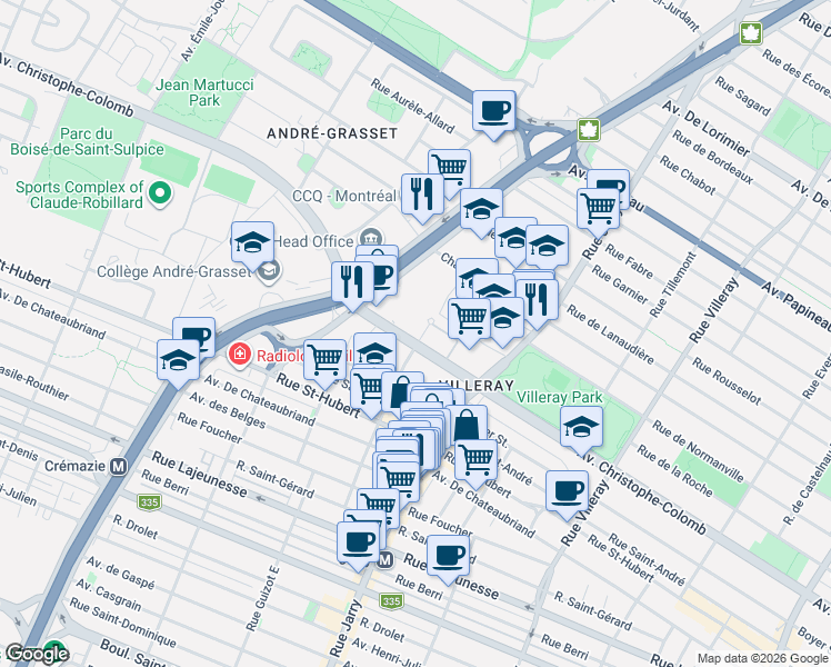 map of restaurants, bars, coffee shops, grocery stores, and more near 1121 Rue Mistral in Montréal