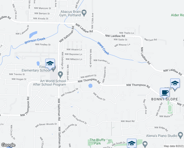 map of restaurants, bars, coffee shops, grocery stores, and more near 12451 Northwest Millford Street in Portland