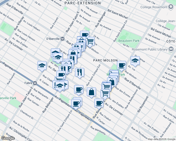 map of restaurants, bars, coffee shops, grocery stores, and more near 6750 Rue des Écores in Montréal
