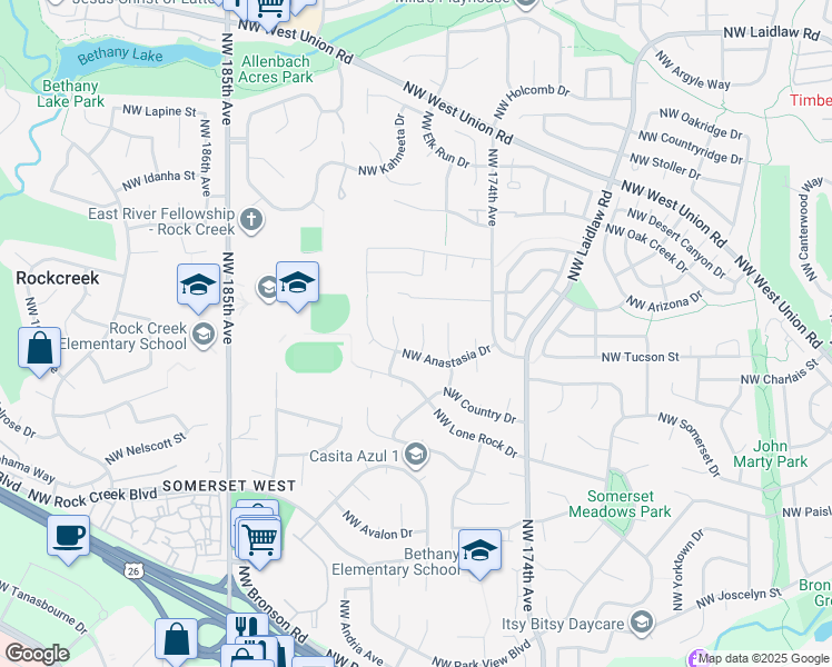 map of restaurants, bars, coffee shops, grocery stores, and more near 4071 Northwest 178th Place in Portland