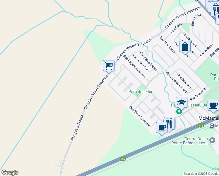 map of restaurants, bars, coffee shops, grocery stores, and more near 998 Rue Hilaire-Plante in McMasterville