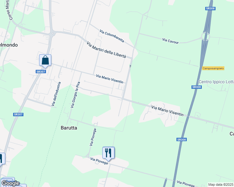map of restaurants, bars, coffee shops, grocery stores, and more near Via Leonardo da Vinci in Padova