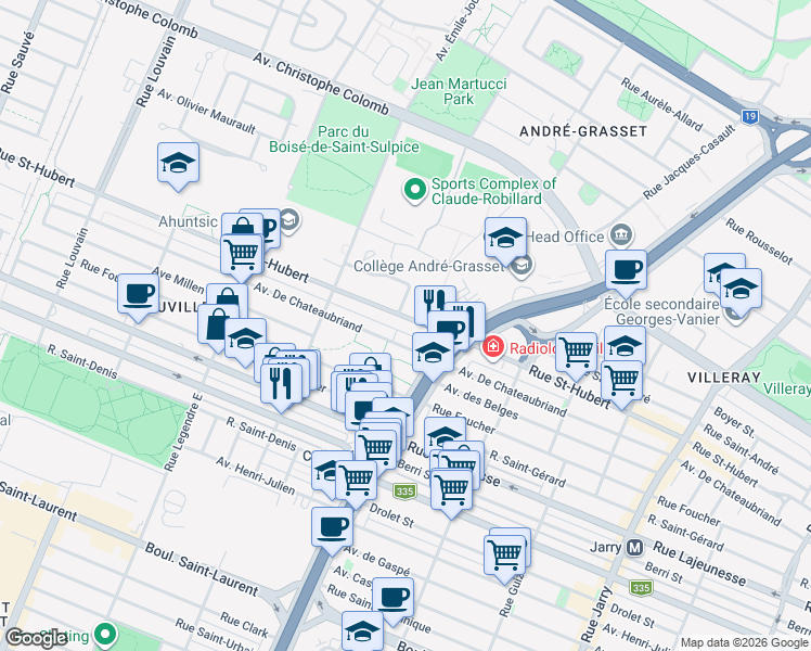 map of restaurants, bars, coffee shops, grocery stores, and more near 8770 Rue Saint-Hubert in Montréal