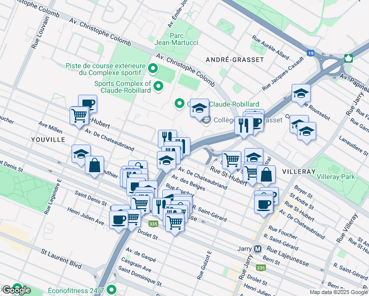 map of restaurants, bars, coffee shops, grocery stores, and more near 855 Boulevard Crémazie Est in Montreal