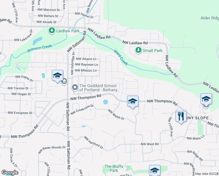 map of restaurants, bars, coffee shops, grocery stores, and more near 12419 Northwest Millford Street in Portland