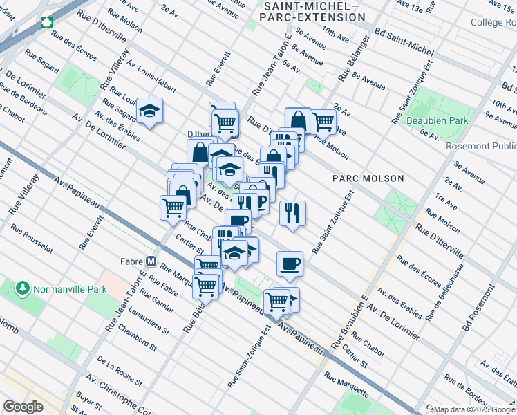 map of restaurants, bars, coffee shops, grocery stores, and more near in Montréal