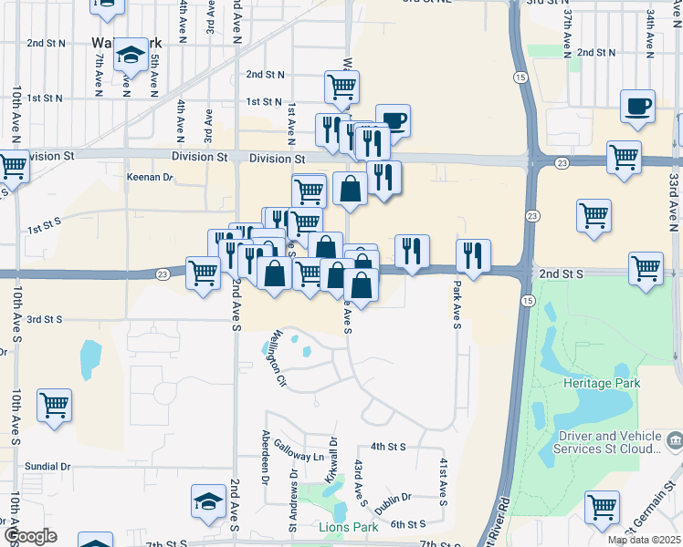 map of restaurants, bars, coffee shops, grocery stores, and more near 40 2nd Street South in Waite Park