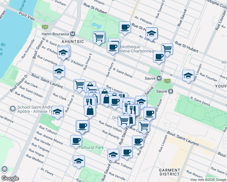 map of restaurants, bars, coffee shops, grocery stores, and more near 10232 Rue Laverdure in Montréal