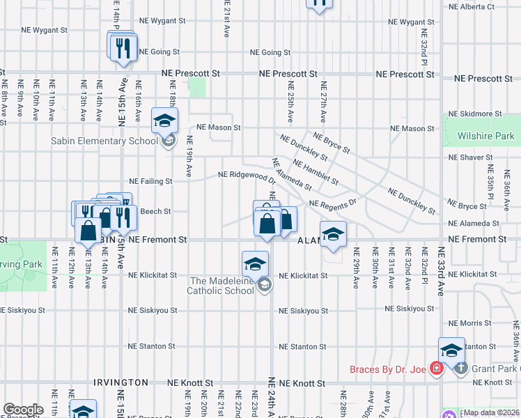 map of restaurants, bars, coffee shops, grocery stores, and more near 2311 Northeast Regents Drive in Portland