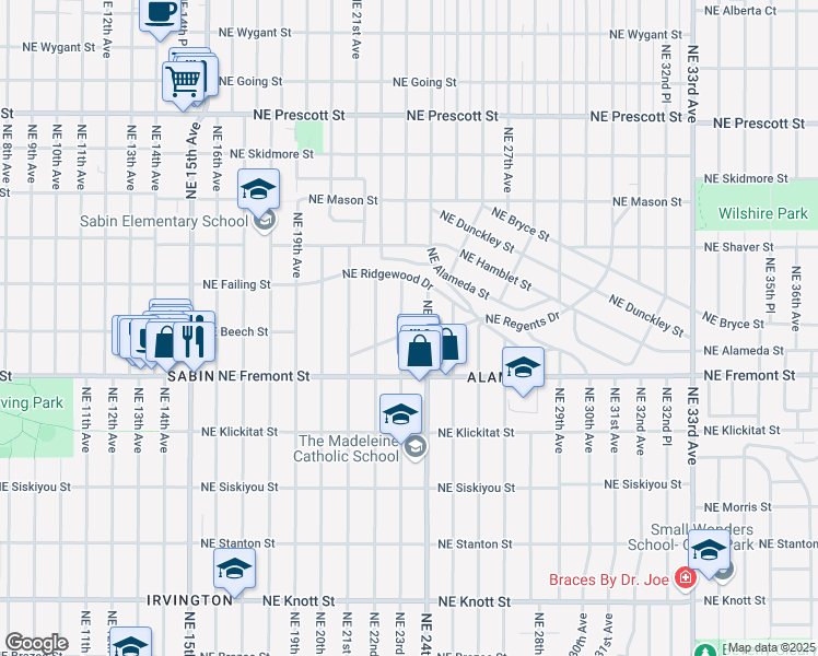 map of restaurants, bars, coffee shops, grocery stores, and more near 2311 Northeast Regents Drive in Portland