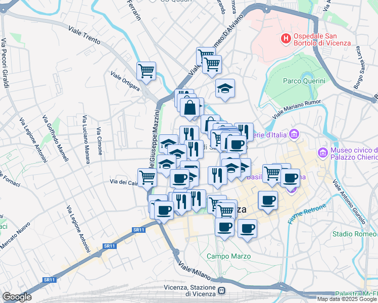 map of restaurants, bars, coffee shops, grocery stores, and more near 31 Contrà Sant'Ambrogio in Vicenza