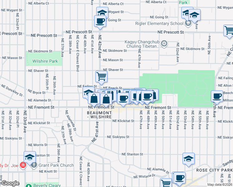 map of restaurants, bars, coffee shops, grocery stores, and more near 3547 Northeast 45th Avenue in Portland