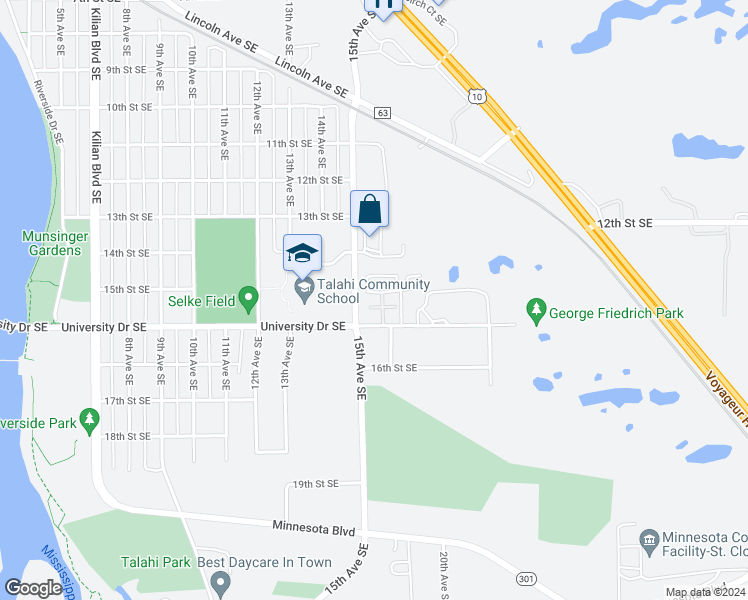 map of restaurants, bars, coffee shops, grocery stores, and more near 1519 University Drive Southeast in St. Cloud