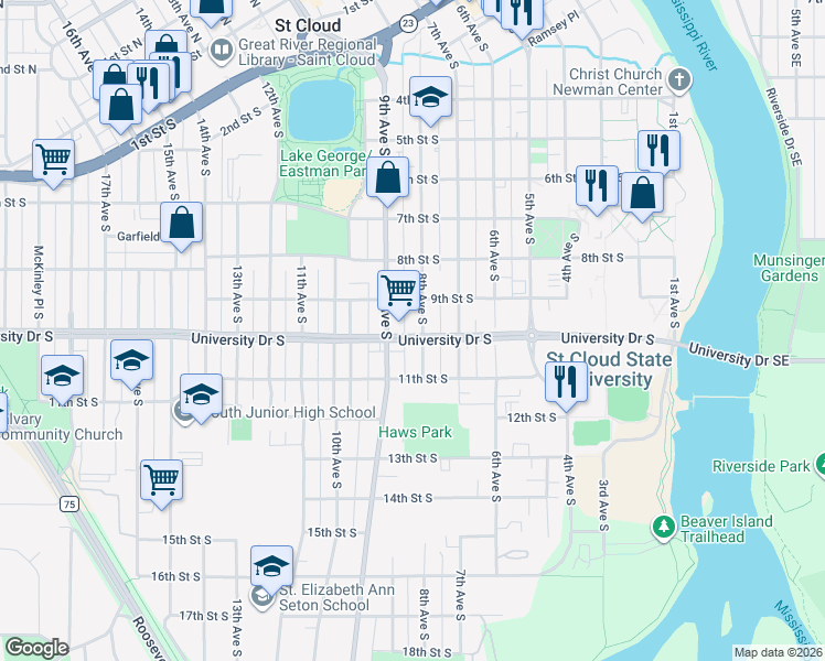 map of restaurants, bars, coffee shops, grocery stores, and more near 850 University Drive South in St. Cloud