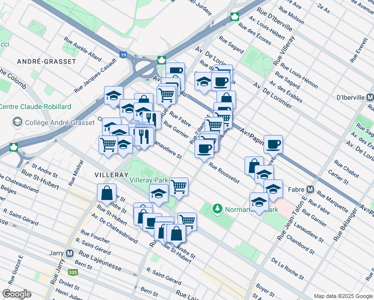 map of restaurants, bars, coffee shops, grocery stores, and more near Rue Rousselot in Montréal