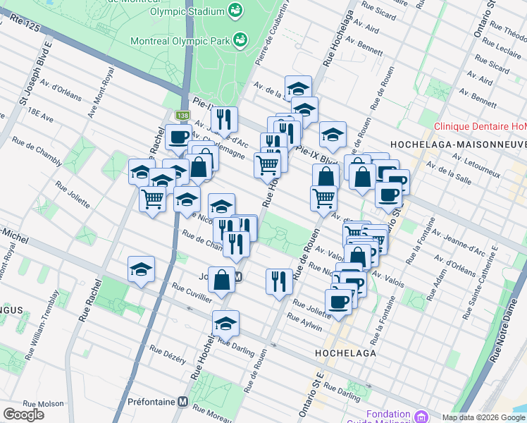 map of restaurants, bars, coffee shops, grocery stores, and more near 3847 Rue Hochelaga in Montréal