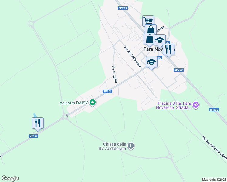 map of restaurants, bars, coffee shops, grocery stores, and more near 33 Via Roma in Novara