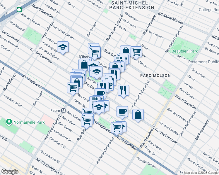 map of restaurants, bars, coffee shops, grocery stores, and more near 6908 Avenue des Érables in Montréal