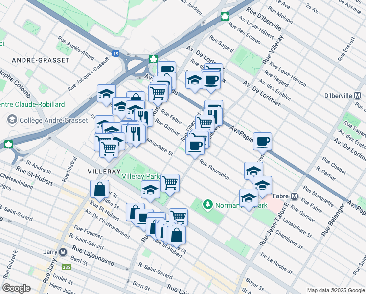 map of restaurants, bars, coffee shops, grocery stores, and more near 1440 Rue Tillemont in Montréal