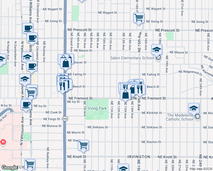 map of restaurants, bars, coffee shops, grocery stores, and more near 1019 Northeast Beech Street in Portland