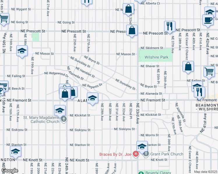 map of restaurants, bars, coffee shops, grocery stores, and more near 3028 Northeast Alameda Street in Portland