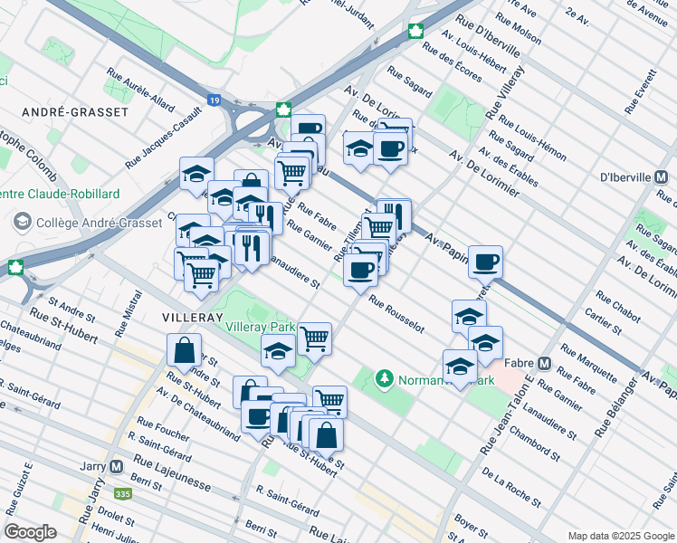 map of restaurants, bars, coffee shops, grocery stores, and more near 1440 Rue Tillemont in Montréal