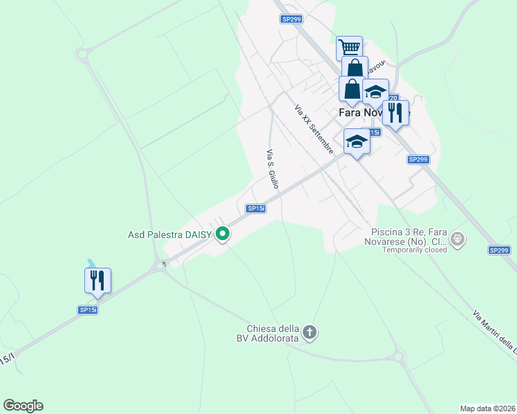 map of restaurants, bars, coffee shops, grocery stores, and more near 33 Via Roma in Novara