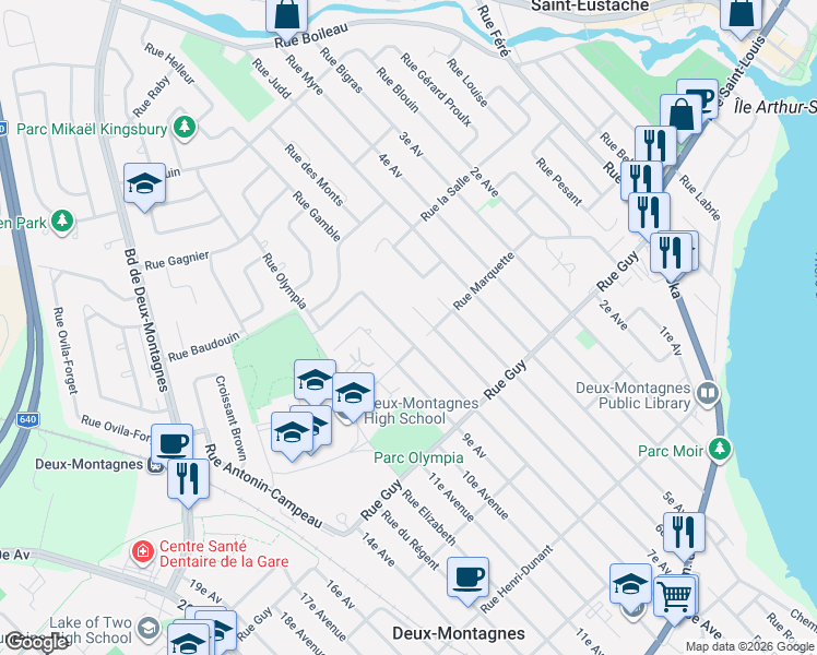 map of restaurants, bars, coffee shops, grocery stores, and more near 451 8e Avenue in Deux-Montagnes