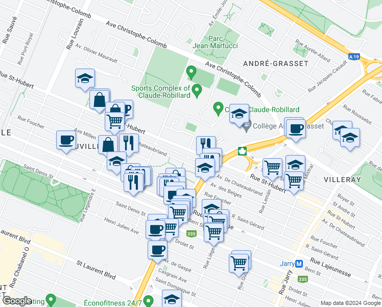map of restaurants, bars, coffee shops, grocery stores, and more near 8772 Rue Saint-Hubert in Montréal
