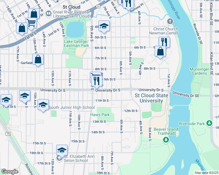 map of restaurants, bars, coffee shops, grocery stores, and more near 925 7th Avenue South in St. Cloud
