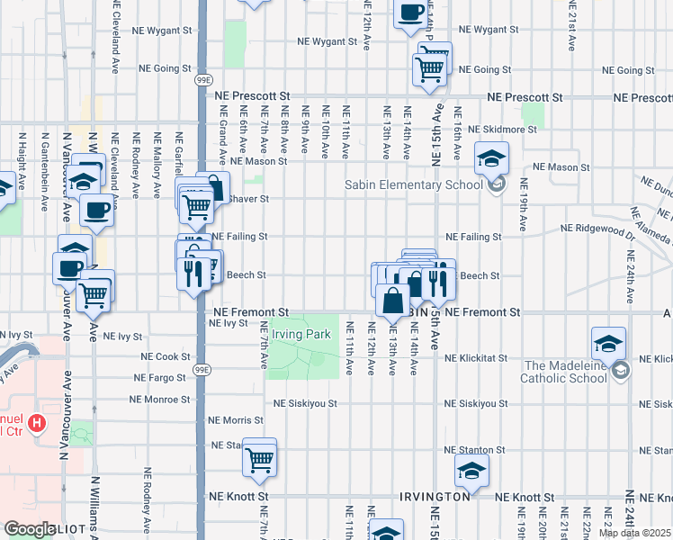 map of restaurants, bars, coffee shops, grocery stores, and more near 1025 Northeast Beech Street in Portland