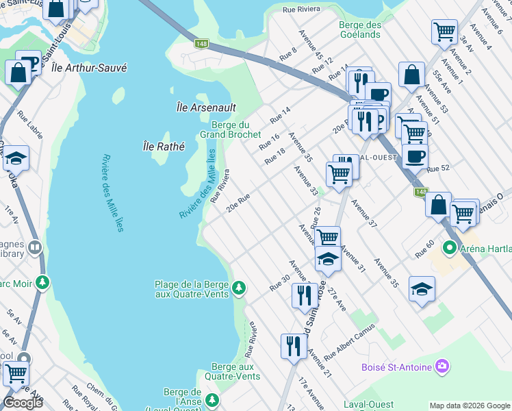 map of restaurants, bars, coffee shops, grocery stores, and more near 2155 25e Av in Laval